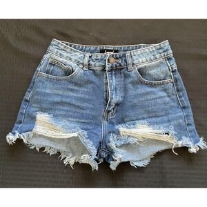 Legend Denim Shorts Womens Large Blue Distressed Frayed Raw Hem Cutoff Stretch